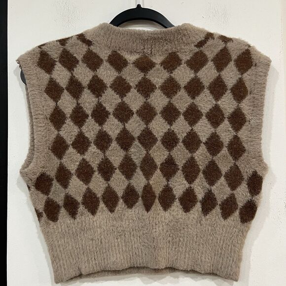 Sincerely Jules Brown Argyle Diamond Fuzzy Sweater Vest V Size XS Preppy - Picture 3 of 5